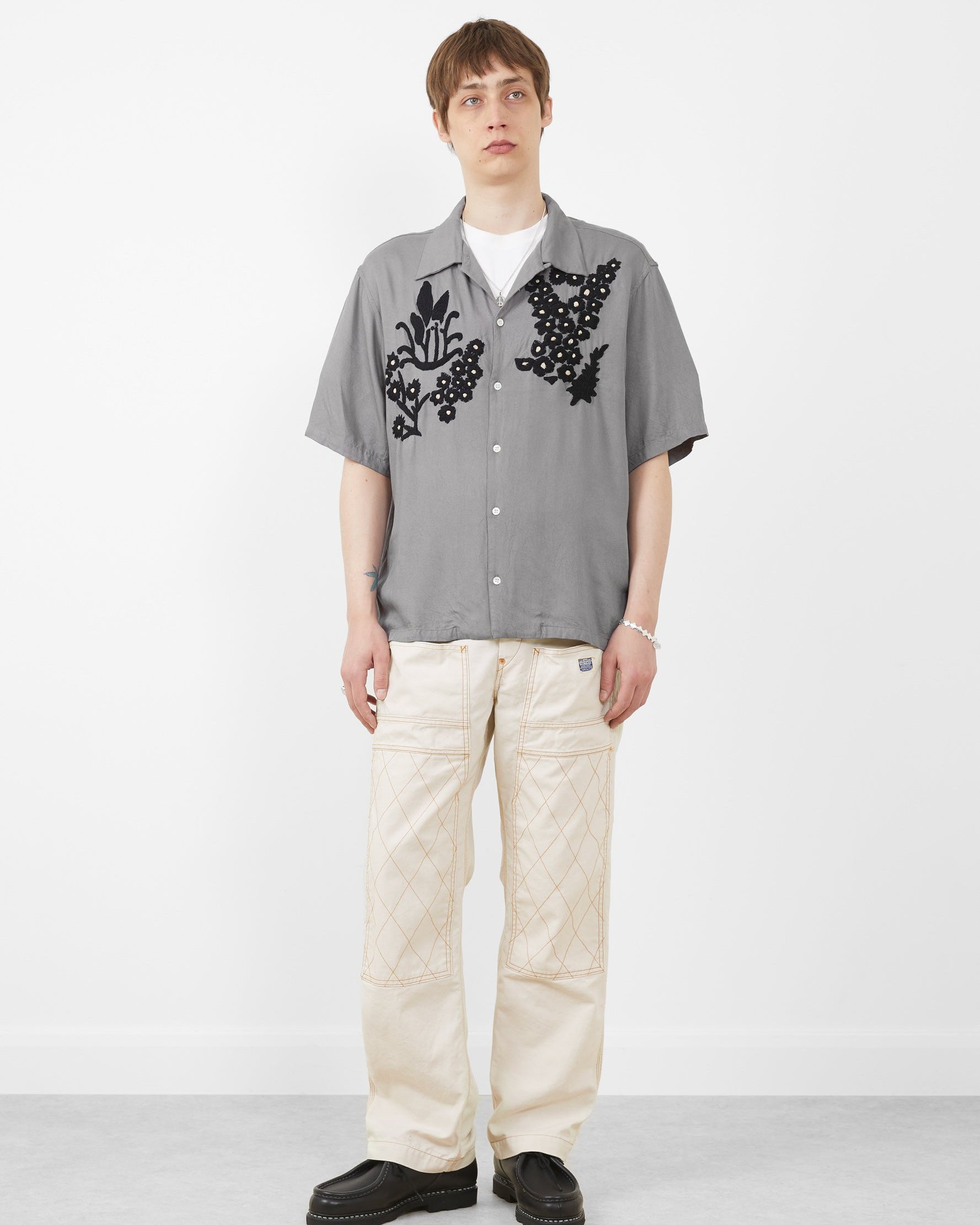 Flower Hand Embroidery Shirt Gray