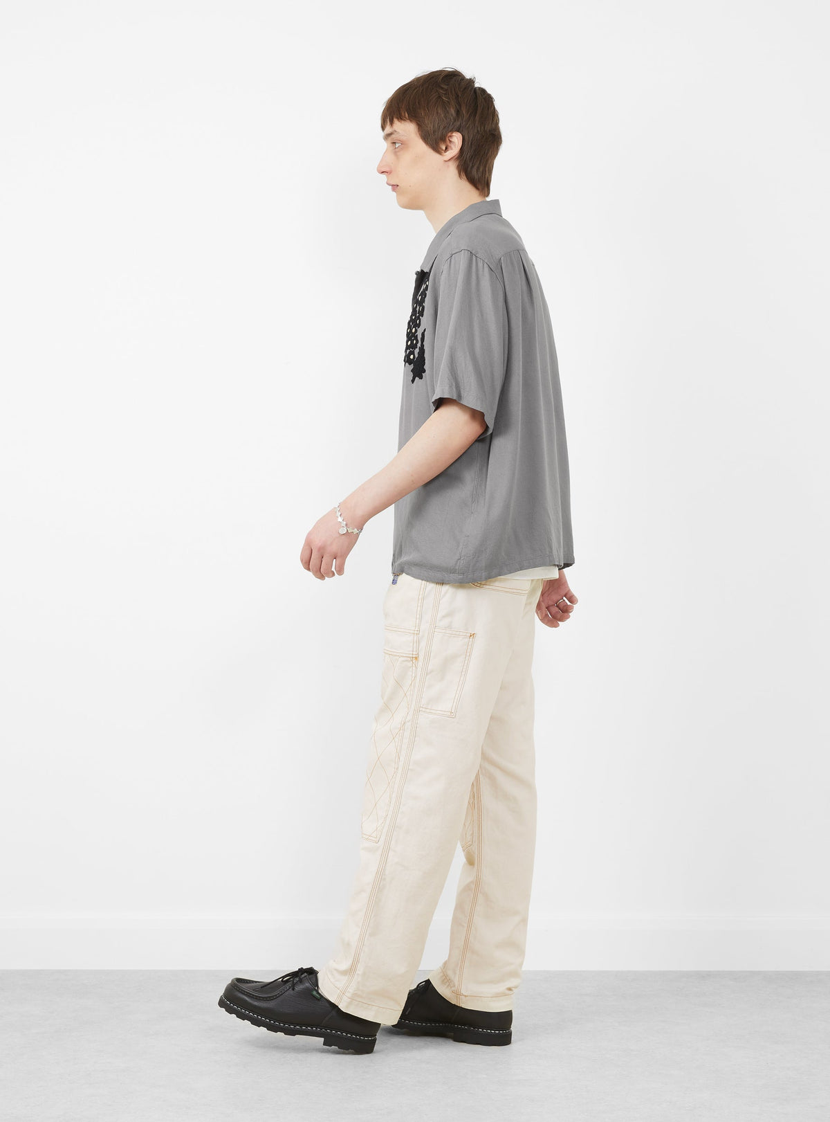 Flower Hand Embroidery Shirt Gray