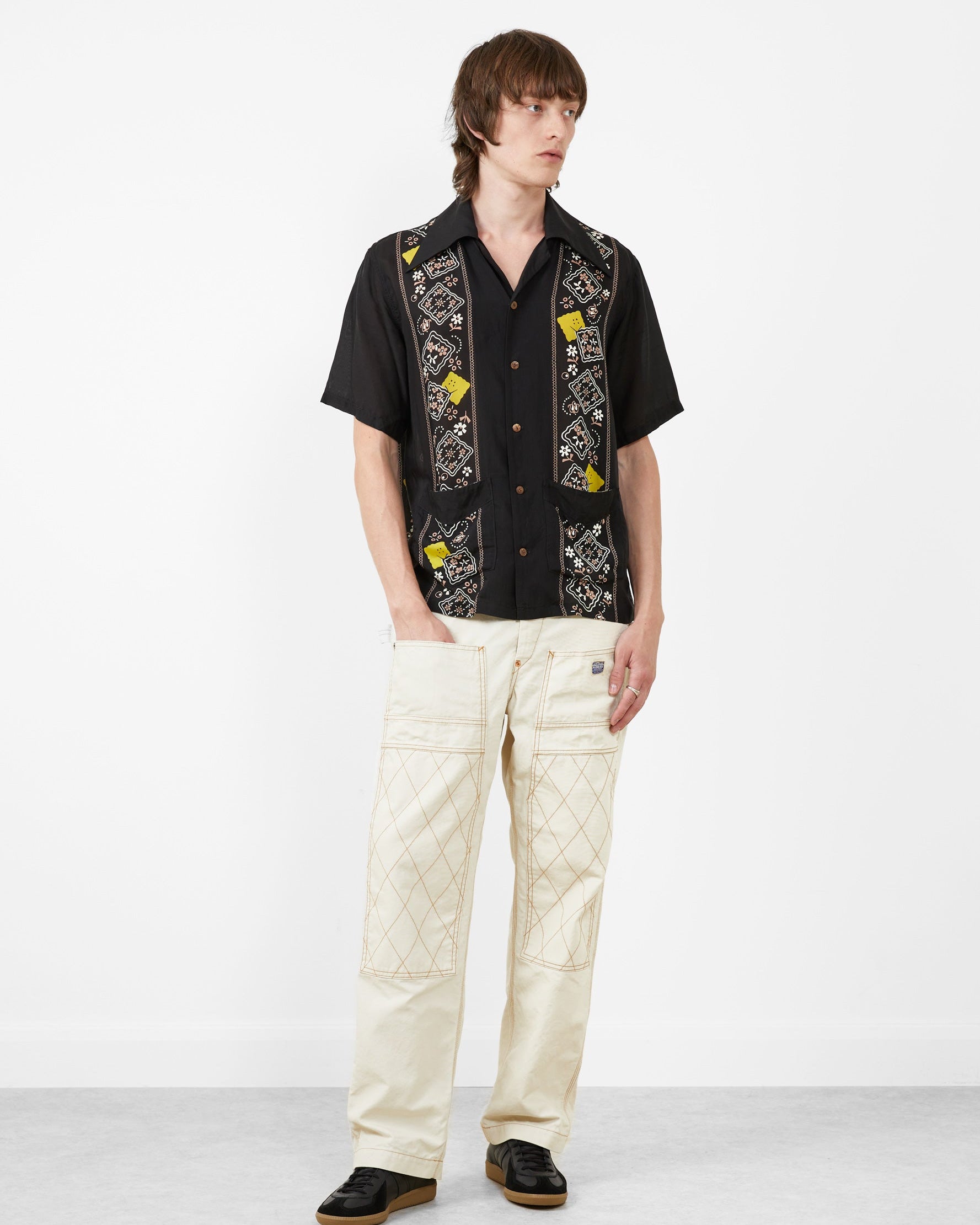 Silk Rayon Peckish Rainbowy Wrangle Cuban Collar Shirt Black