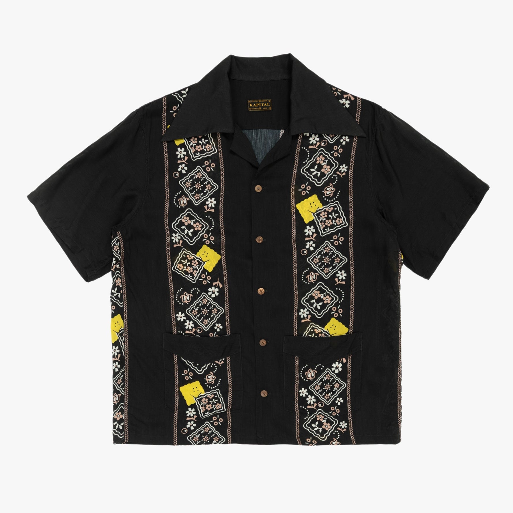 Silk Rayon Peckish Rainbowy Wrangle Cuban Collar Shirt Black