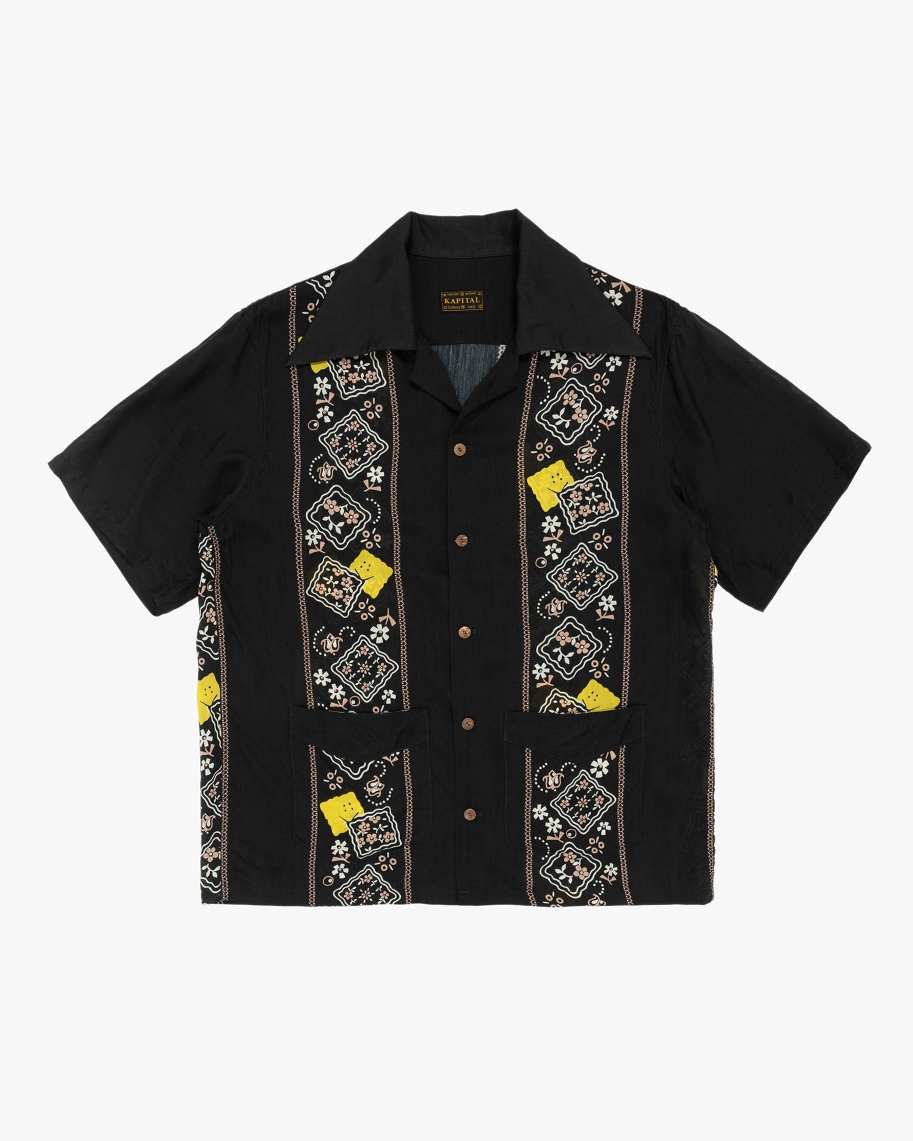 Silk Rayon Peckish Rainbowy Wrangle Cuban Collar Shirt Black